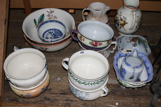 Two Victorian toilet jugs and bowls, a Davenport tureen and a Spode lidded tureen etc(-)
